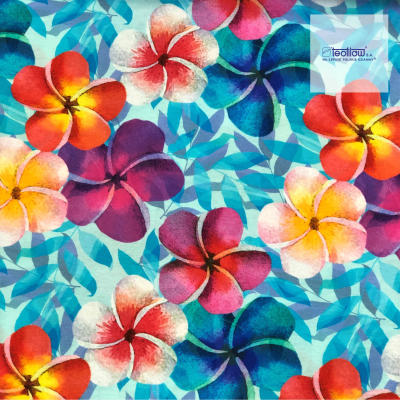 Dzianina Singiel Jersey 145g drukowany cyfrowo hawajskie kwiaty błękit