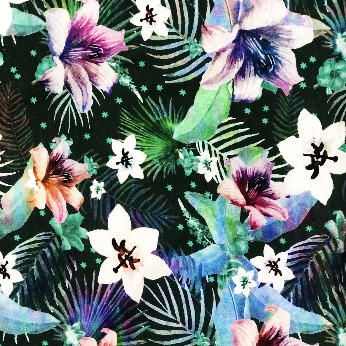 Dzianina Singiel Jersey 145g drukowany cyfrowo hawajskie kwiaty