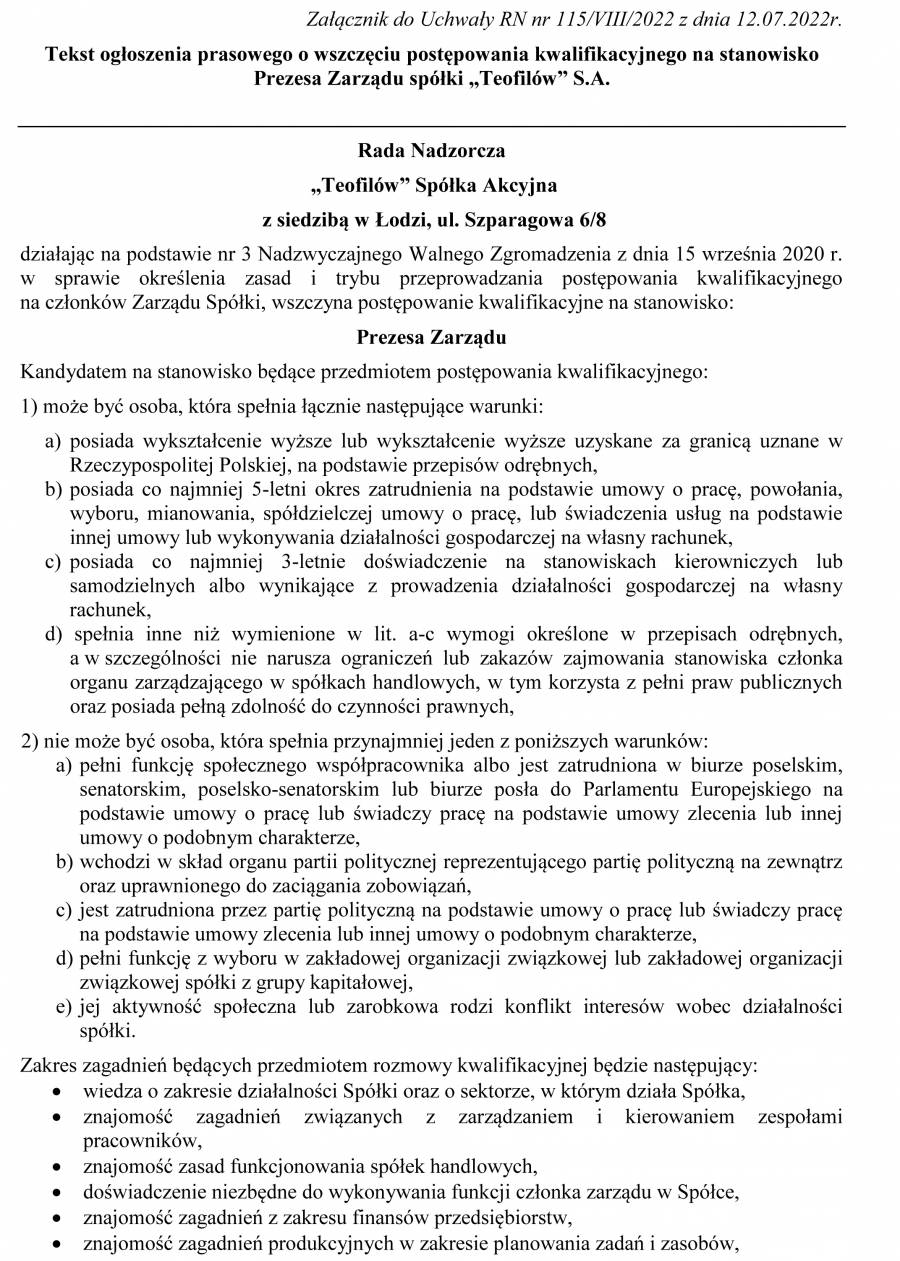 Ogłoszenie o wszczęcie postępowania kwalifikacyjnego na stanowisko Prezesa Zarządu spółki „Teofilów” S.A. 