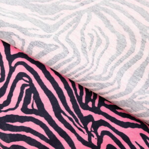 Dzianina Singiel Jersey 150g drukowana rotacyjnie zebra na różowym